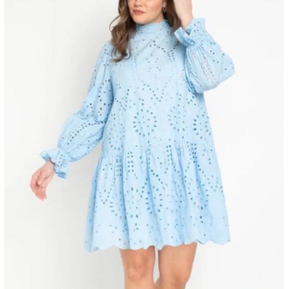 ELOQUII Plus Sky Blue Eyelet Tiered Long Sleeve Easy Mini Dress Size 22‎ - Picture 1 of 9